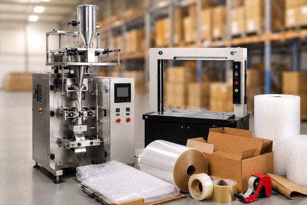 Packing machinery on a corrugated box plant floor